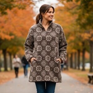 Kathy Ireland Pullover Sweater Womens Sz XL Fleece Snowflakes 1/4 Zip Winter USA